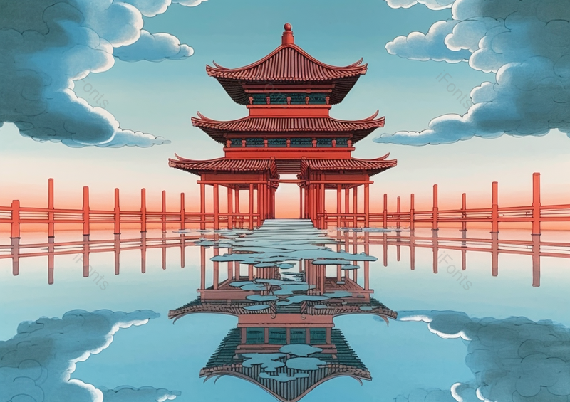居中构图国风亭子国潮桥水面平静倒影蓝色天空背景,插画/手绘图,插画/手绘图库,插画/手绘图下载,插画/手绘